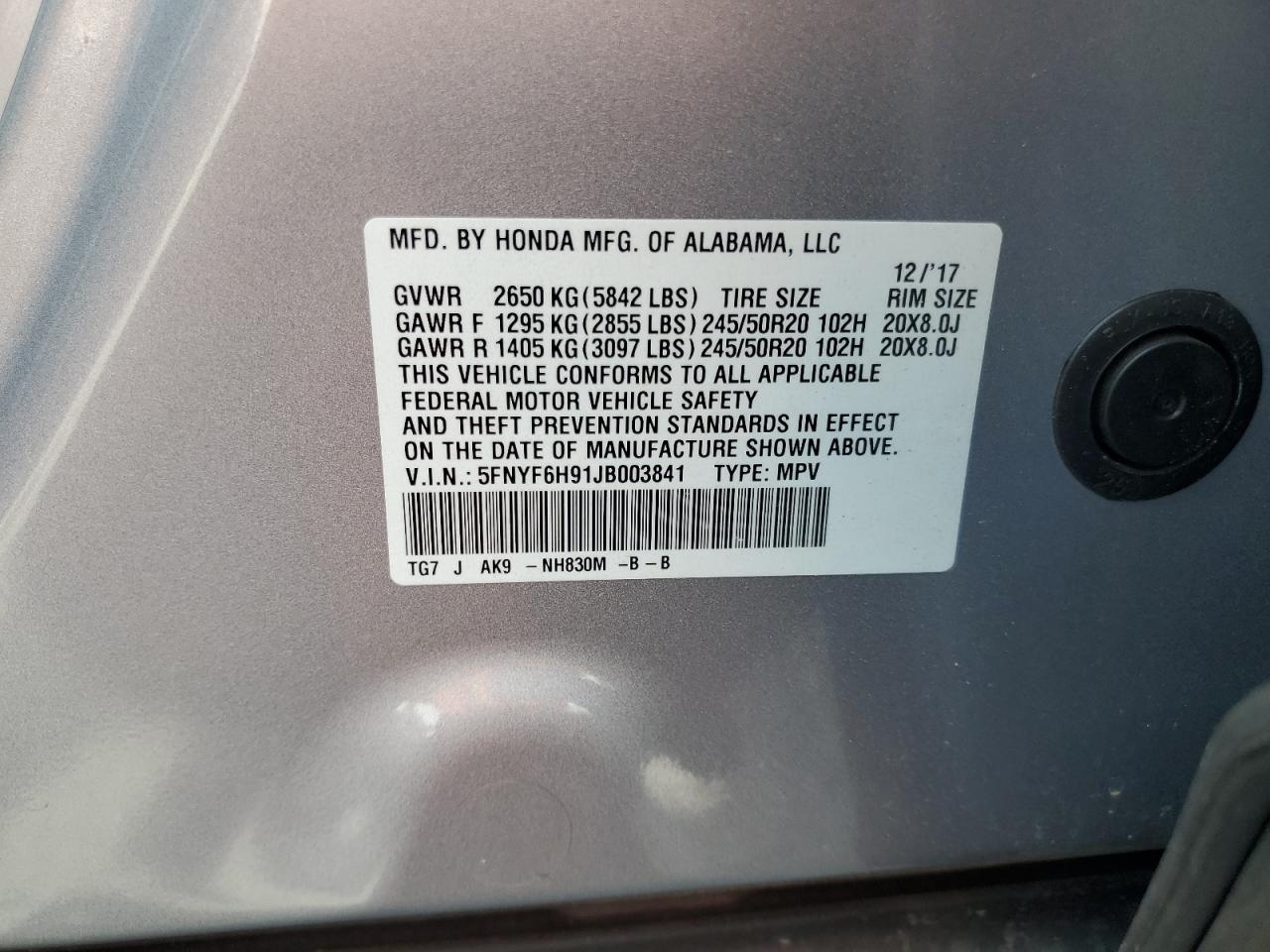 2018 Honda Pilot Touring VIN: 5FNYF6H91JB003841 Lot: 65123385