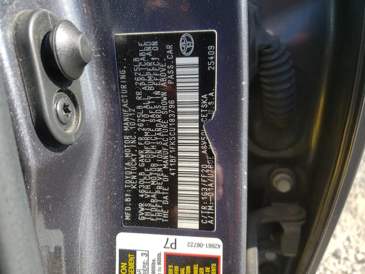 2012 Toyota Camry Base VIN: 4T1BF1FK5CU183796 Lot: 64984465
