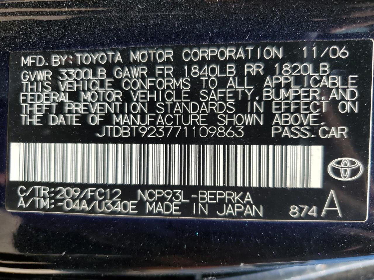 2007 Toyota Yaris VIN: JTDBT923771109863 Lot: 63133345