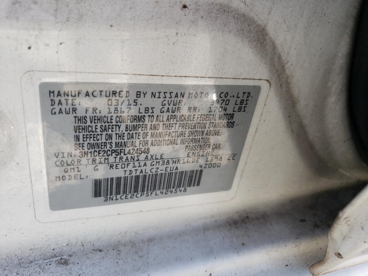 2015 Nissan Versa Note S VIN: 3N1CE2CP5FL424548 Lot: 65050615