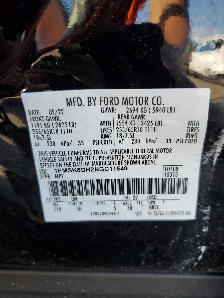 2022 Ford Explorer Xlt VIN: 1FMSK8DH2NGC11549 Lot: 64046265