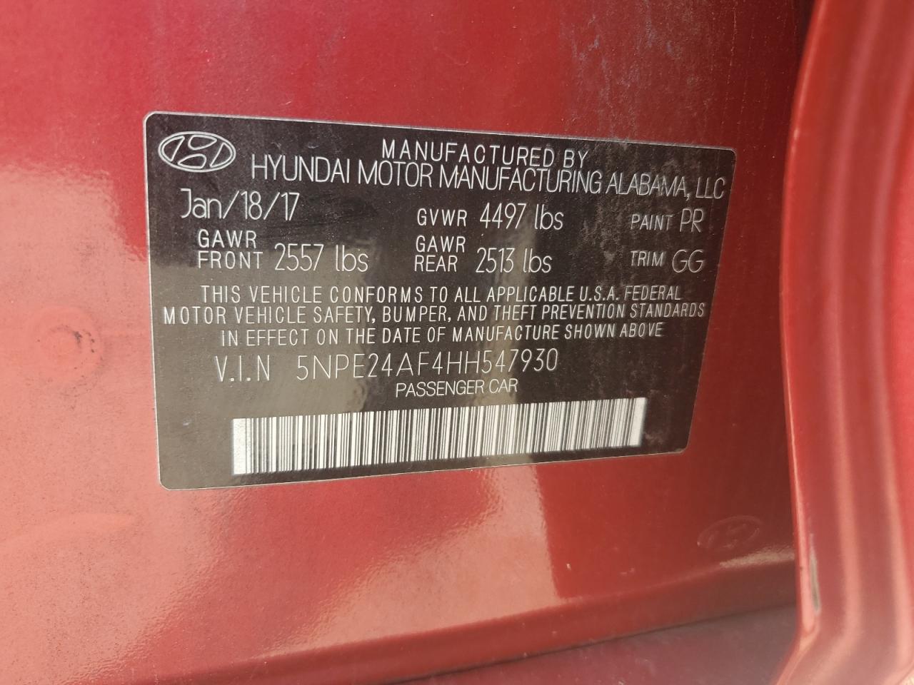 2017 Hyundai Sonata Se VIN: 5NPE24AF4HH547930 Lot: 64960975
