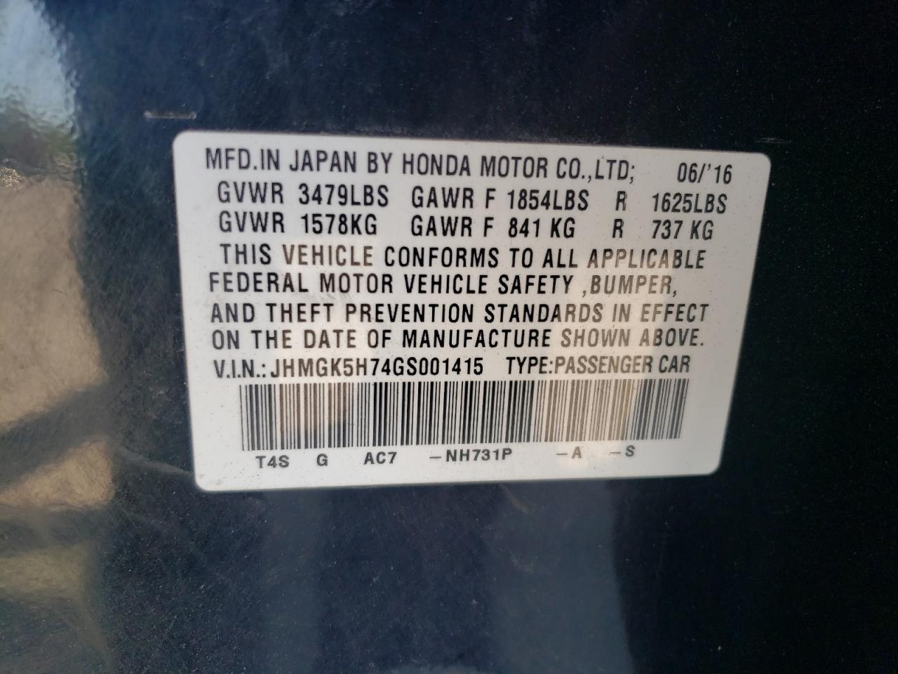 2016 Honda Fit Ex VIN: JHMGK5H74GS001415 Lot: 63286115