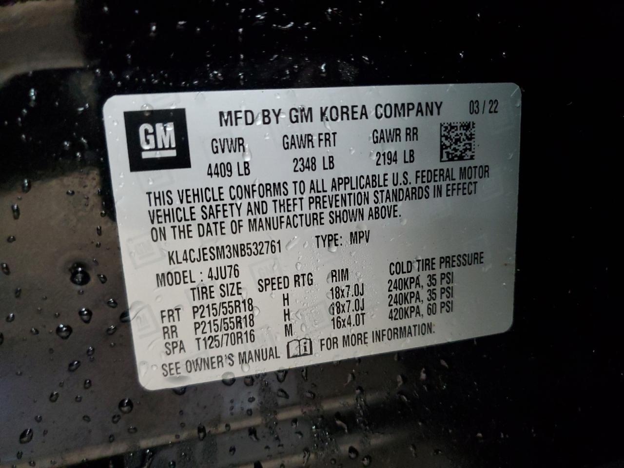 2022 Buick Encore Preferred VIN: KL4CJESM3NB532761 Lot: 64367465