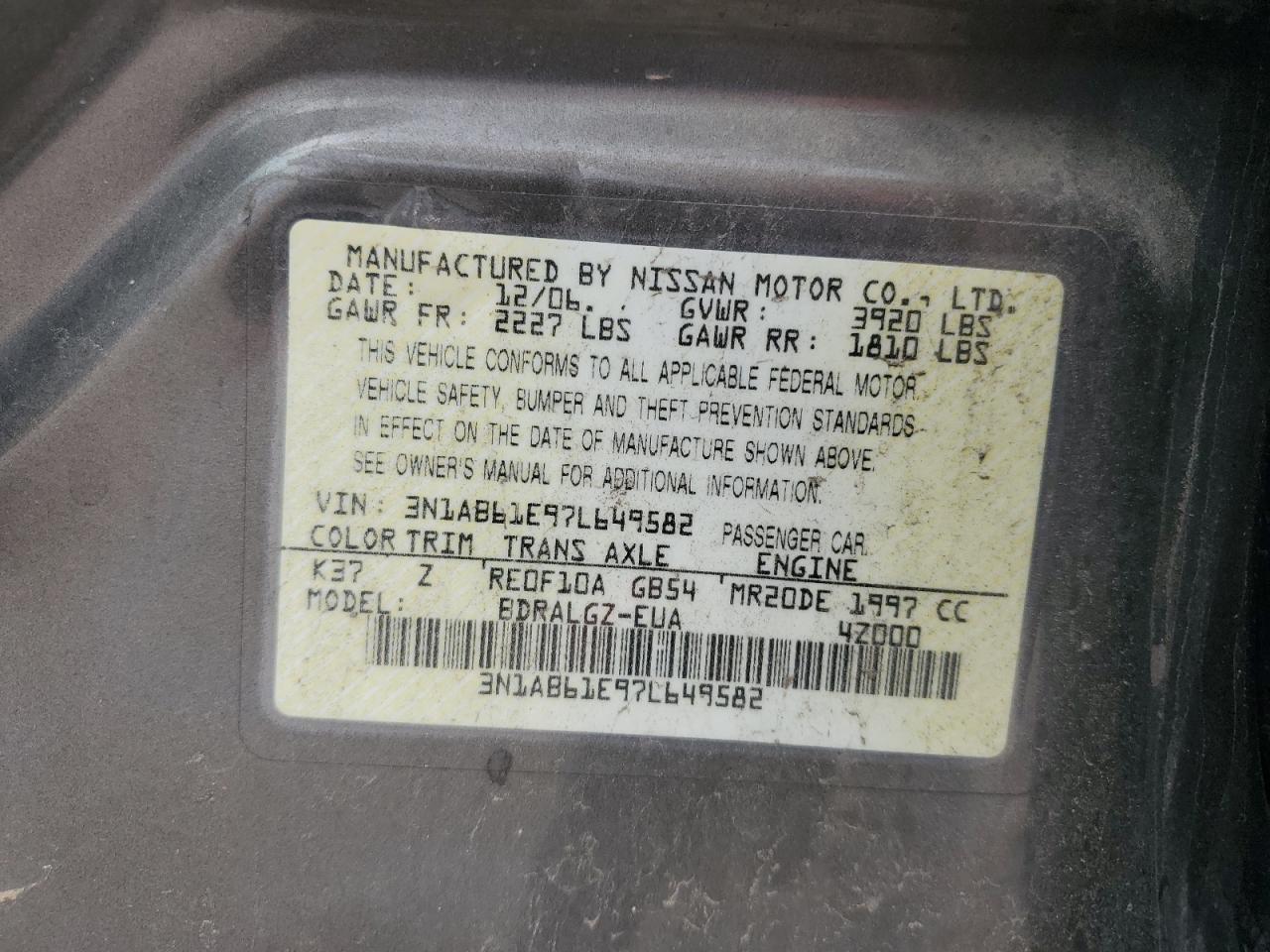 2007 Nissan Sentra 2.0 VIN: 3N1AB61E97L64982 Lot: 65329635