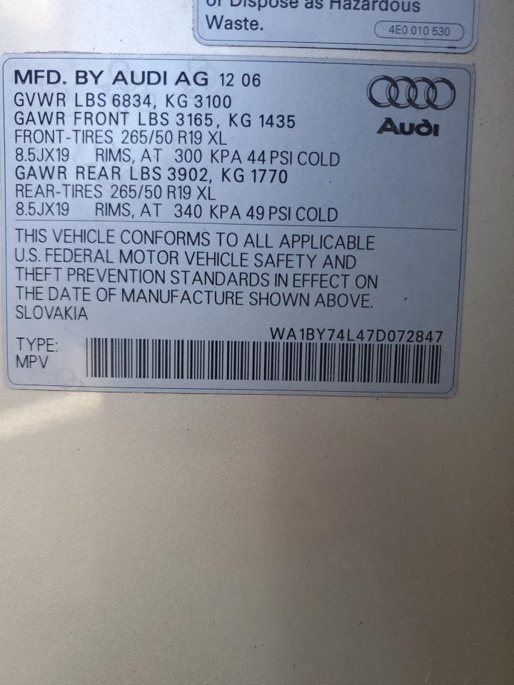 2007 Audi Q7 3.6 Quattro Premium VIN: WA1BY74L47D072847 Lot: 64698605