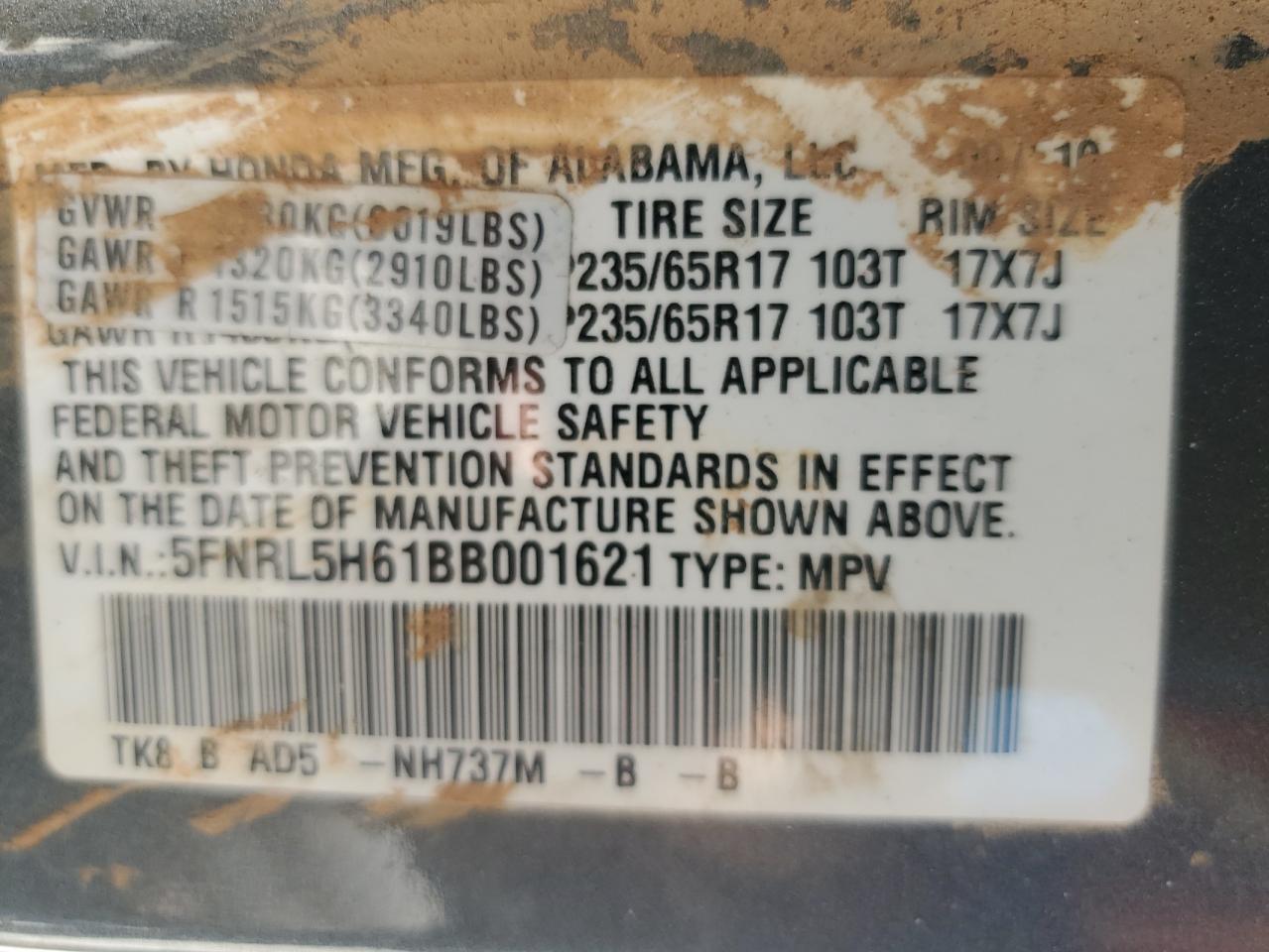 2011 Honda Odyssey Exl VIN: 5FNRL5H61BB001621 Lot: 62258805