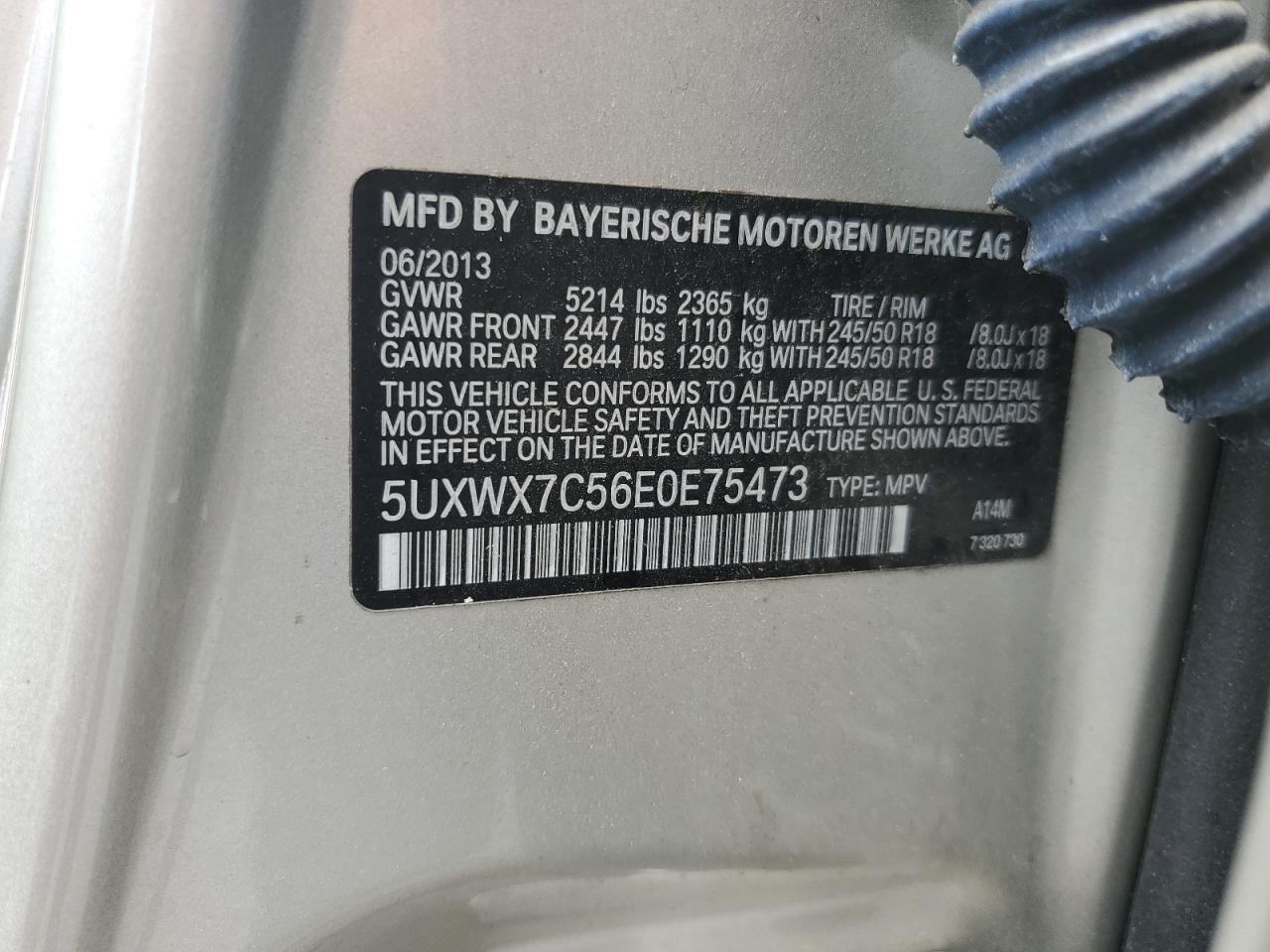 2014 BMW X3 xDrive35I VIN: 5UXWX7C56E0E75473 Lot: 63786885