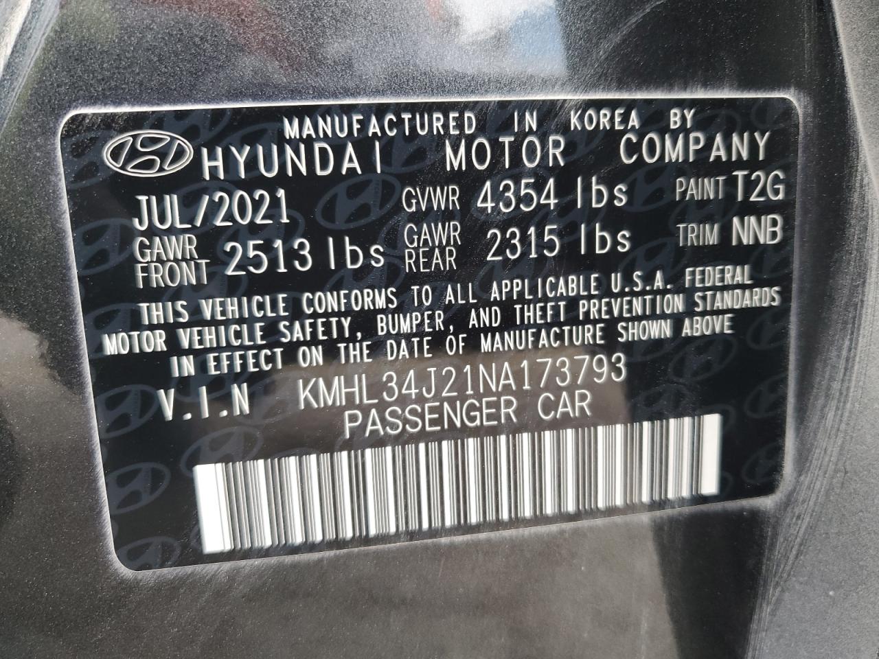 2022 Hyundai Sonata Limited VIN: KMHL34J21NA173793 Lot: 63607065