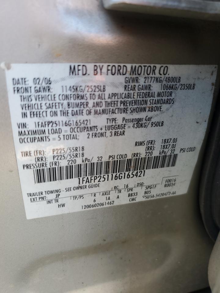 2006 Ford Five Hundred Limited VIN: 1FAFP25116G165421 Lot: 63336095