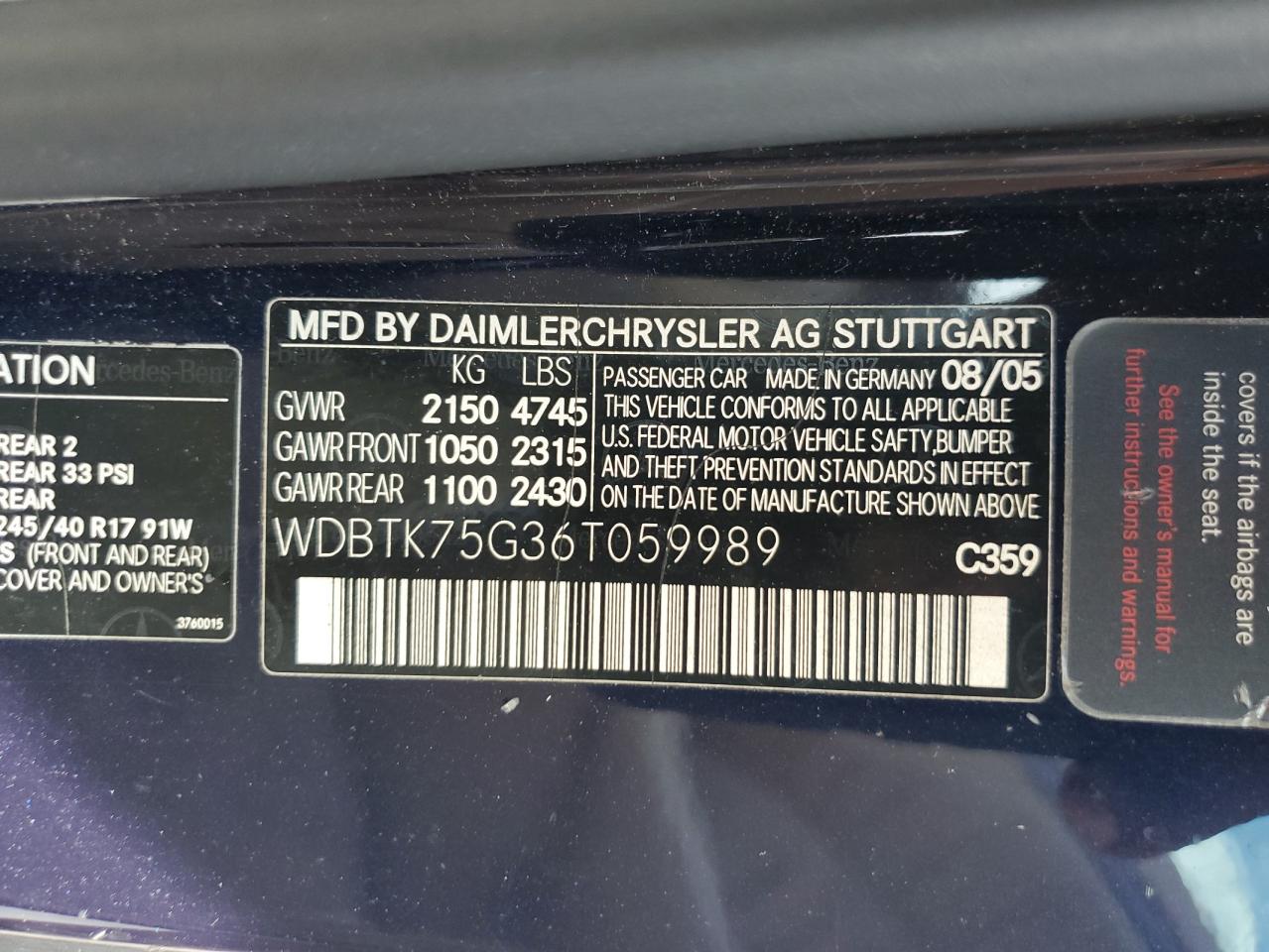 2006 Mercedes-Benz Clk 500 VIN: WDBTK75G36T059989 Lot: 64006425