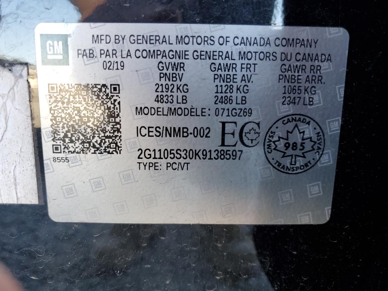 2019 Chevrolet Impala Premier VIN: 2G1105S30K9138597 Lot: 63249175