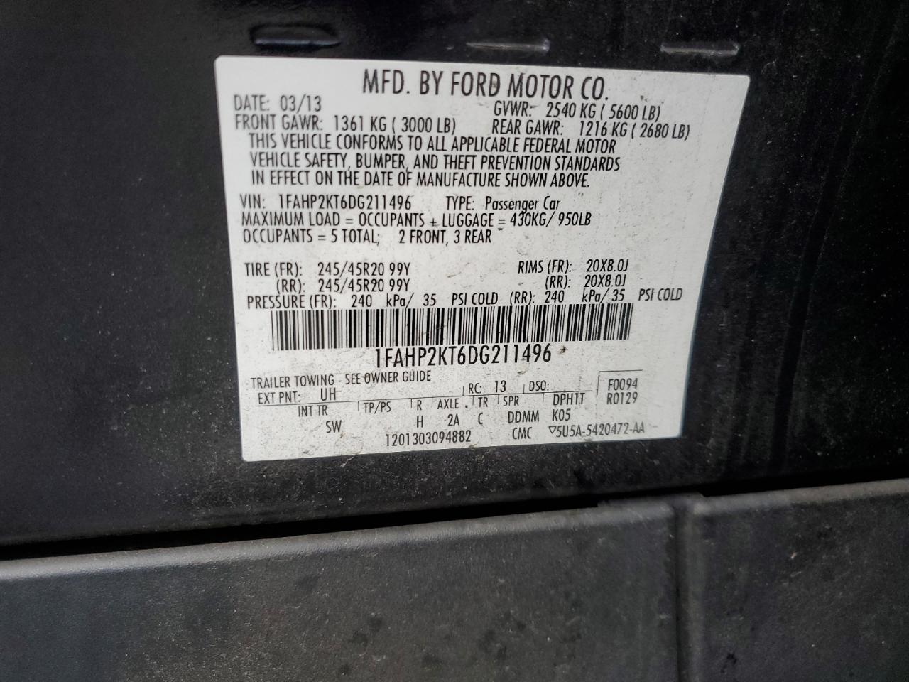2013 Ford Taurus Sho VIN: 1FAHP2KT6DG211496 Lot: 63424445