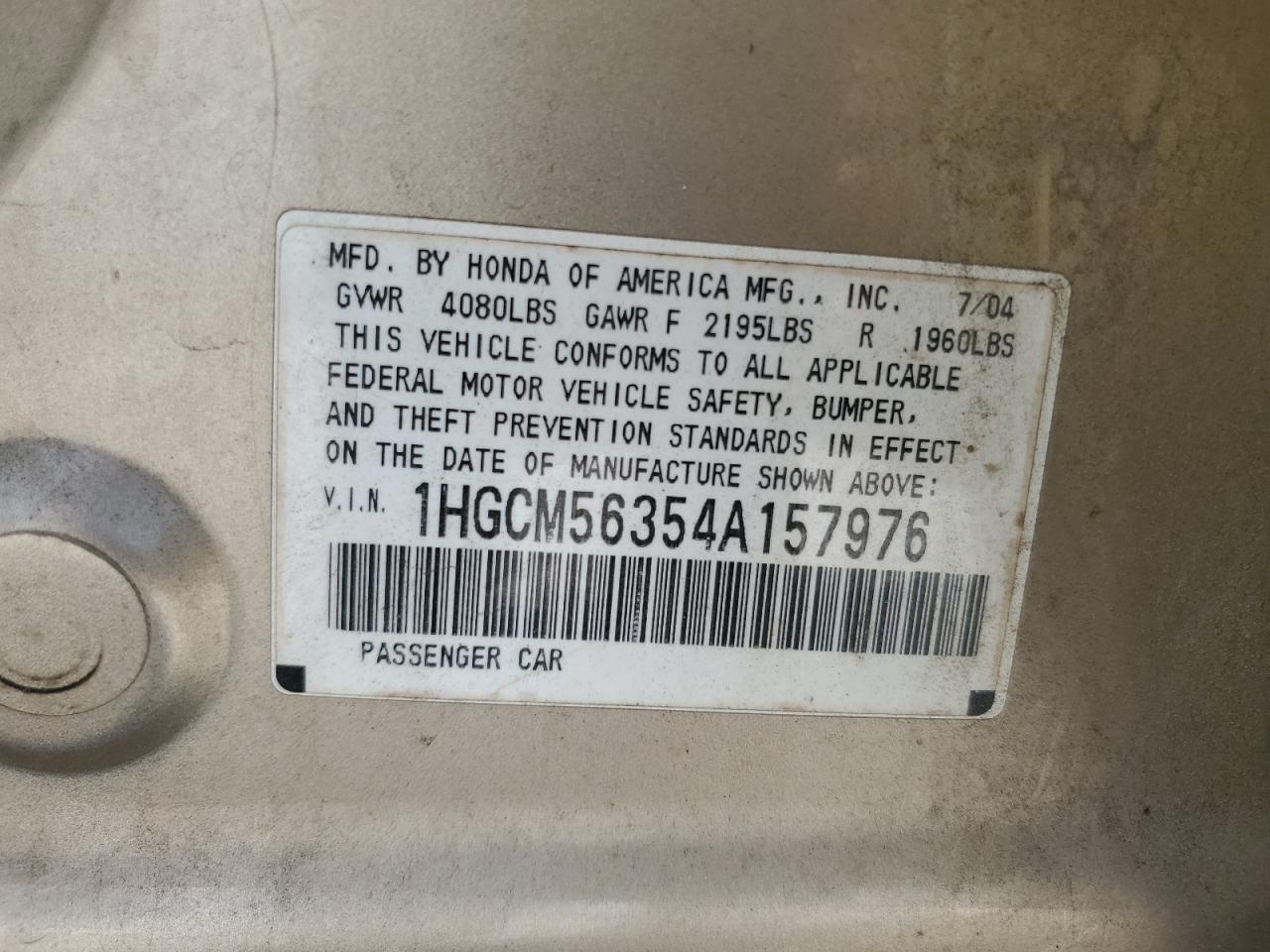 2004 Honda Accord Lx VIN: 1HGCM56354A157976 Lot: 63670215