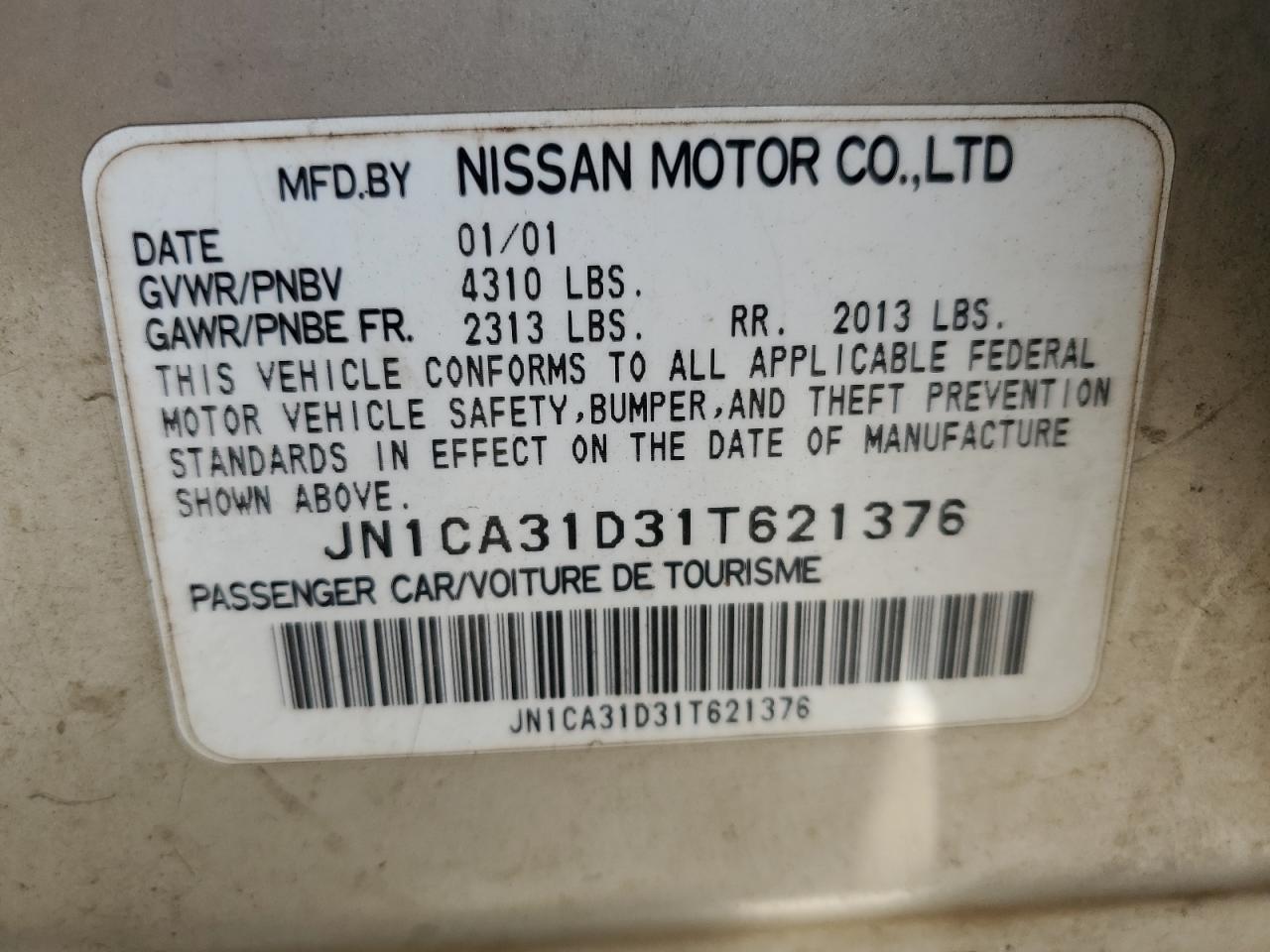 2001 Nissan Maxima Gxe VIN: JN1CA31D31T621376 Lot: 64393715