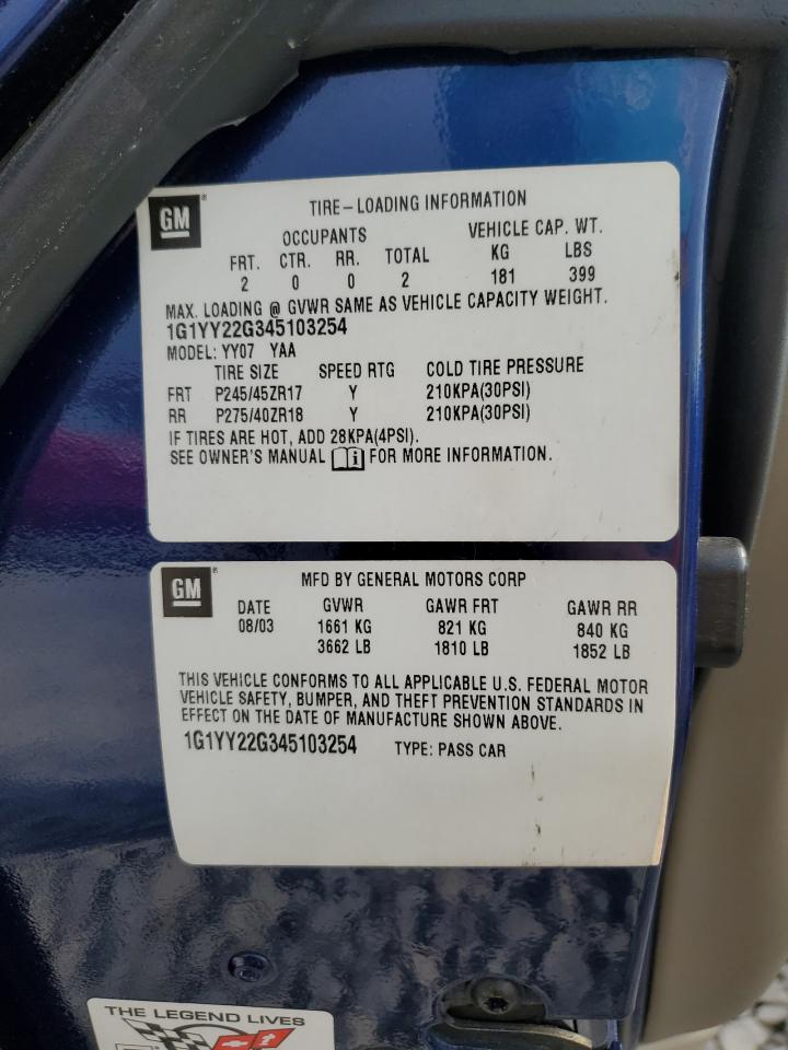 2004 Chevrolet Corvette VIN: 1G1YY22G345103254 Lot: 66917175