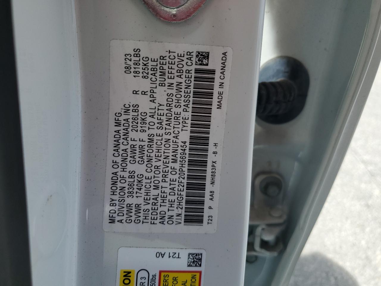 2023 Honda Civic Lx VIN: 2HGFE2F20PH569454 Lot: 65478285