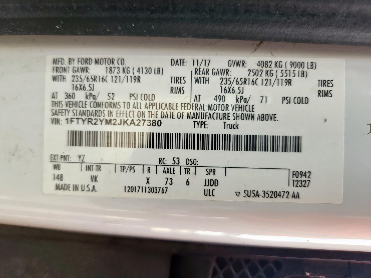 2018 Ford Transit T-250 VIN: 1FTYR2YM2JKA27380 Lot: 64633985