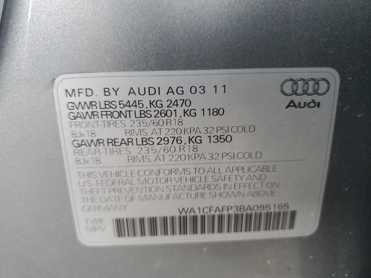 2011 Audi Q5 Premium VIN: WA1CFAFP3BA095165 Lot: 64927405