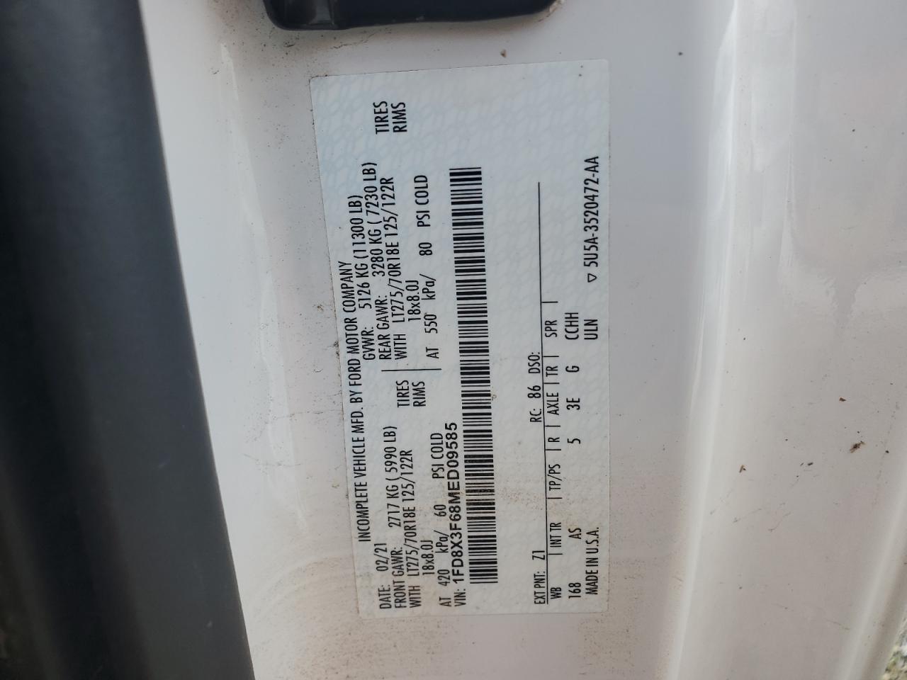 2021 Ford F350 Super Duty VIN: 1FD8X3F68MED09585 Lot: 66217835