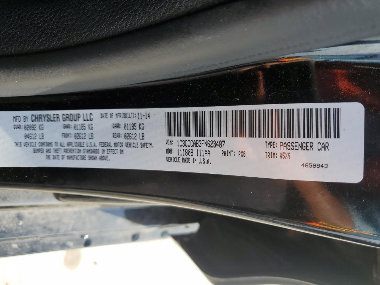 2015 Chrysler 200 Limited VIN: 1C3CCCAB3FN623487 Lot: 65042625