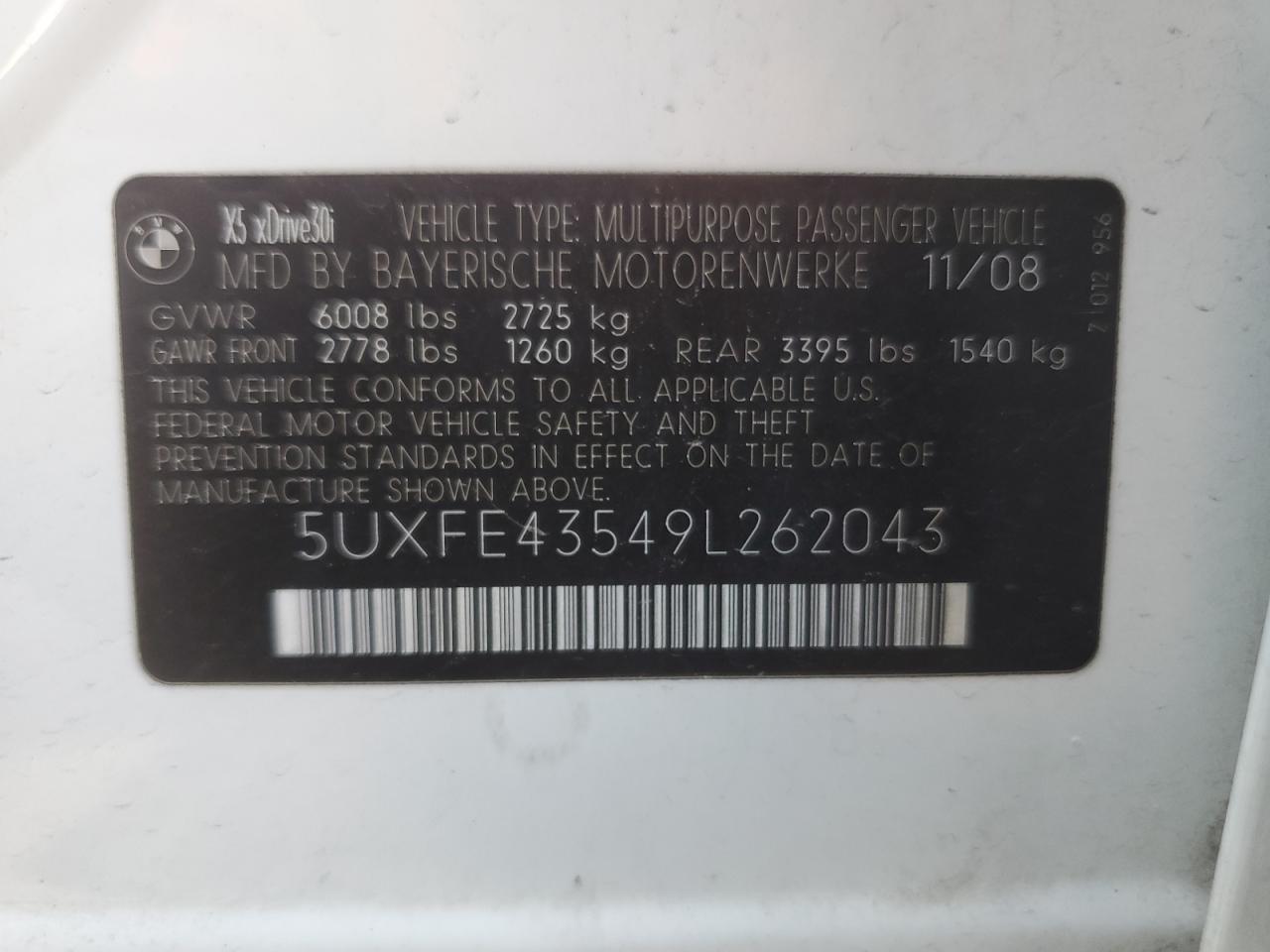 2009 BMW X5 xDrive30I VIN: 5UXFE43549L262043 Lot: 63878925