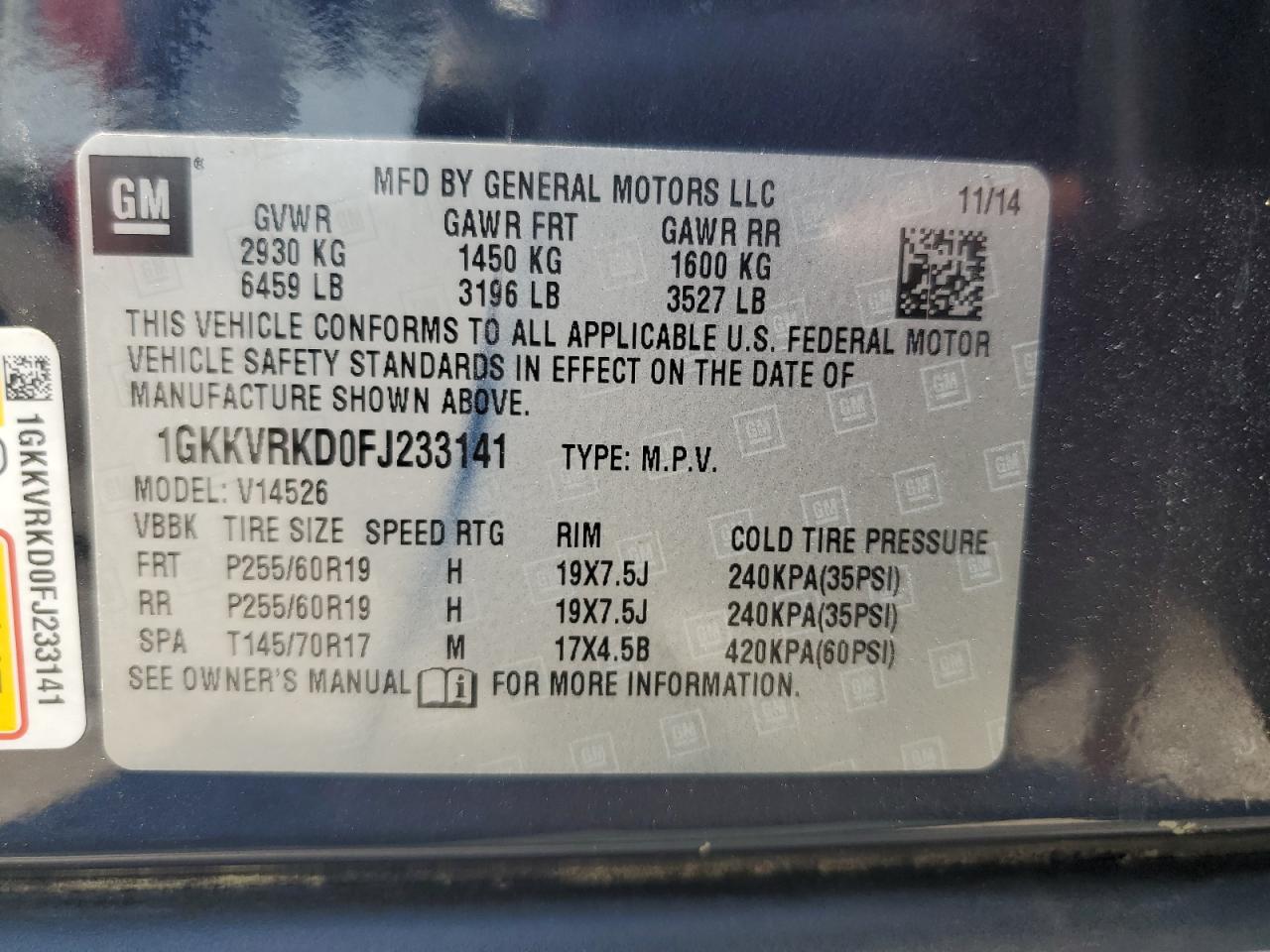 2015 GMC Acadia Slt-1 VIN: 1GKKVRKD0FJ233141 Lot: 63576865