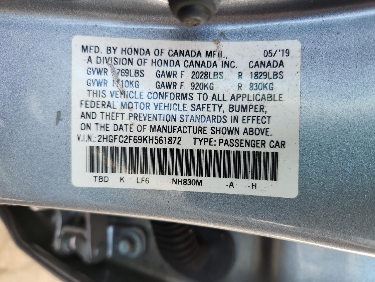 2019 Honda Civic Lx VIN: 2HGFC2F69KH561872 Lot: 64618935