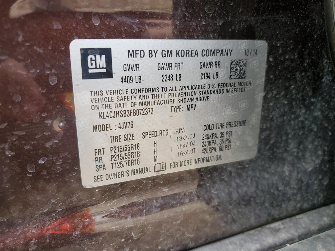 2015 Buick Encore Premium VIN: KL4CJHSB3FB072373 Lot: 64938945