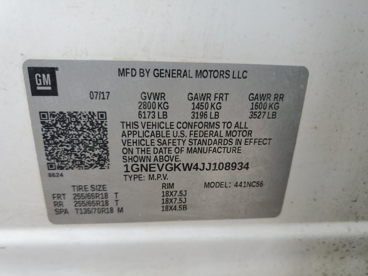 2018 Chevrolet Traverse Lt VIN: 1GNEVGKW4JJ108934 Lot: 63468085
