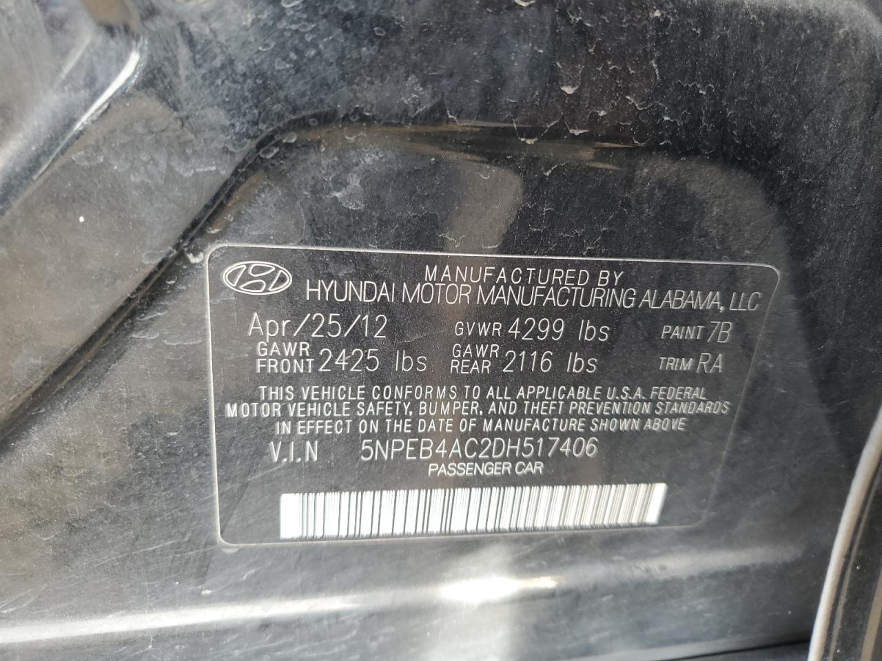 2013 Hyundai Sonata Gls VIN: 5NPEB4AC2DH517406 Lot: 64819715