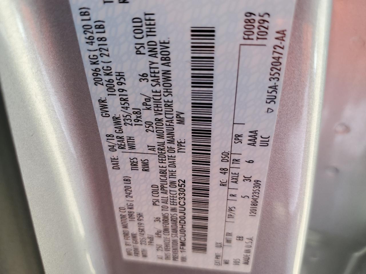 2018 Ford Escape Sel VIN: 1FMCU0HD0JUC33052 Lot: 64599745