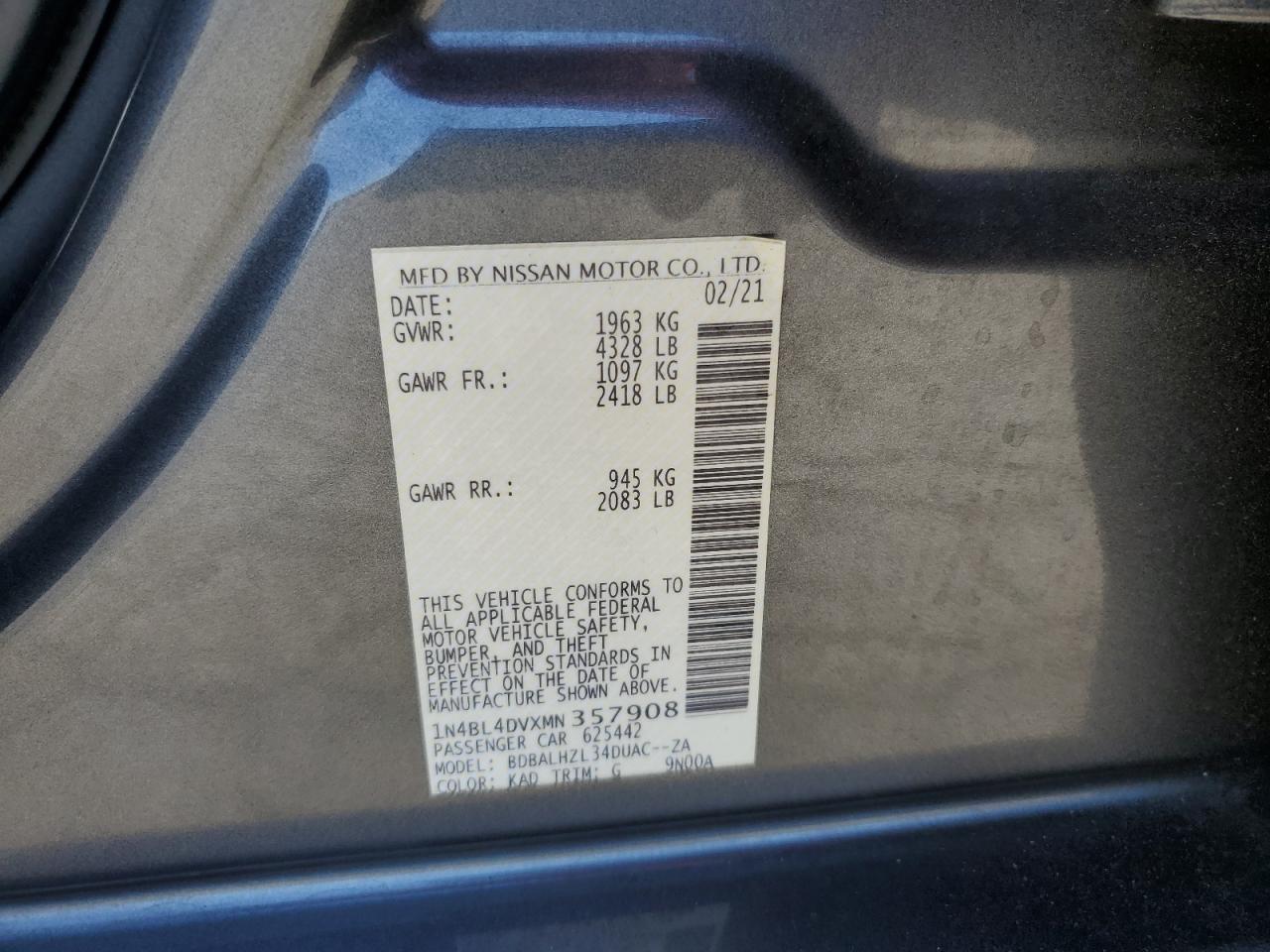 2021 Nissan Altima Sv VIN: 1N4BL4DVXMN357908 Lot: 64884385