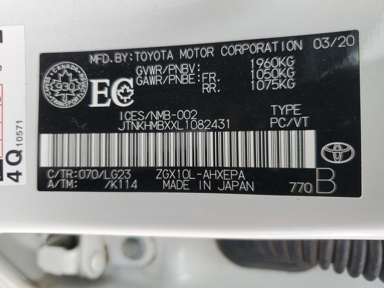 2020 Toyota C-Hr Xle VIN: JTNKHMBXXL1082431 Lot: 63703065