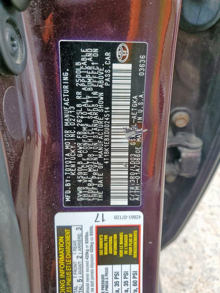 2013 Toyota Avalon Base VIN: 4T1BK1EBXDU024514 Lot: 63474445