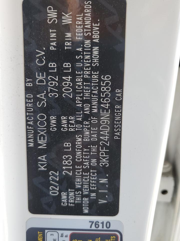 2022 Kia Forte Fe VIN: 3KPF24AD9NE465856 Lot: 63334405