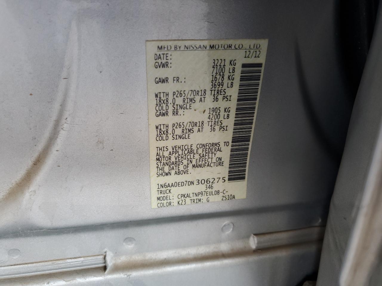 2013 Nissan Titan S VIN: 1N6AA0ED7DN306275 Lot: 65568865