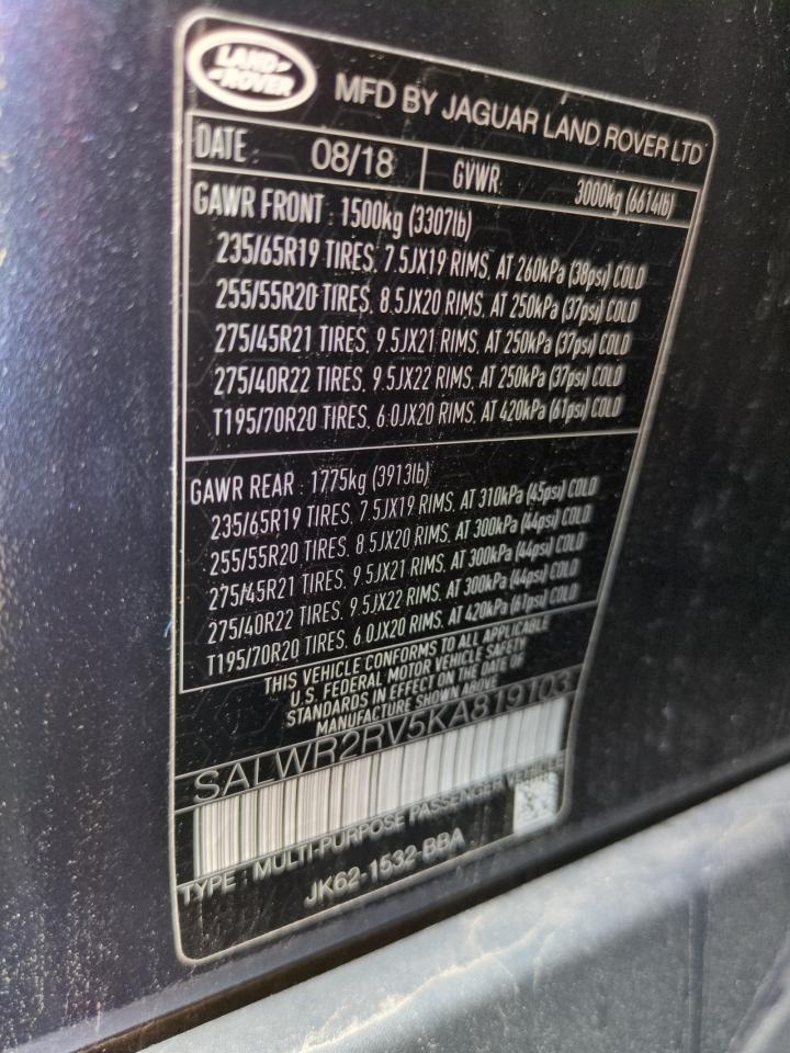 2019 Land Rover Range Rover Sport Hse VIN: SALWR2RV5KA819103 Lot: 64618995