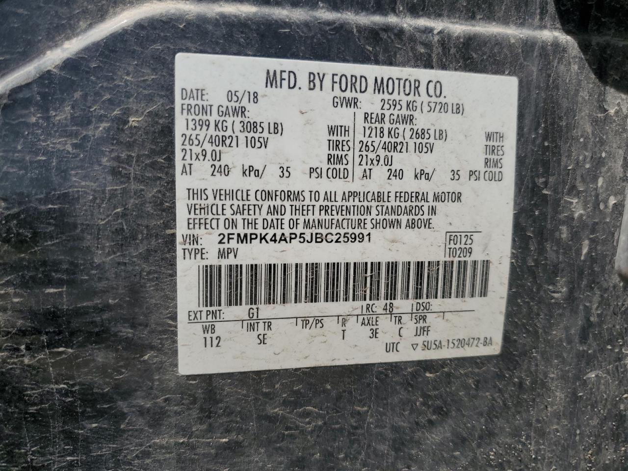 2018 Ford Edge Sport VIN: 2FMPK4AP5JBC25991 Lot: 63817955