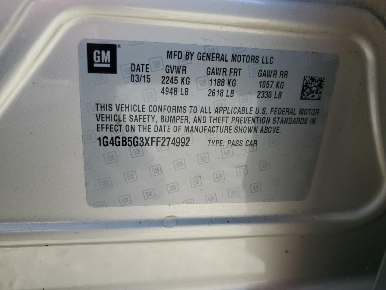 2015 Buick Lacrosse VIN: 1G4GB5G3XFF274992 Lot: 64414465
