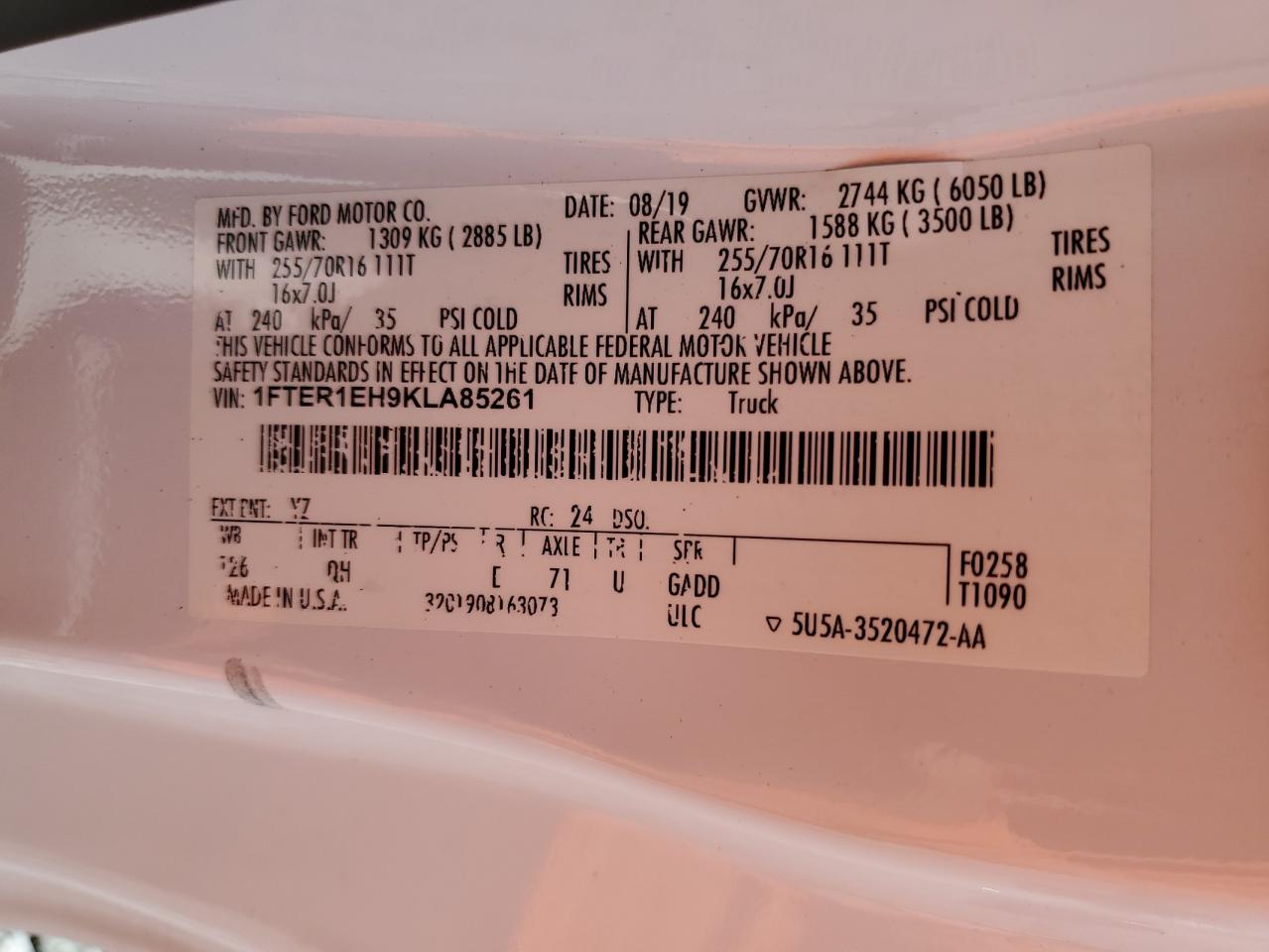 2019 Ford Ranger Xl VIN: 1FTER1EH9KLA85261 Lot: 65041705