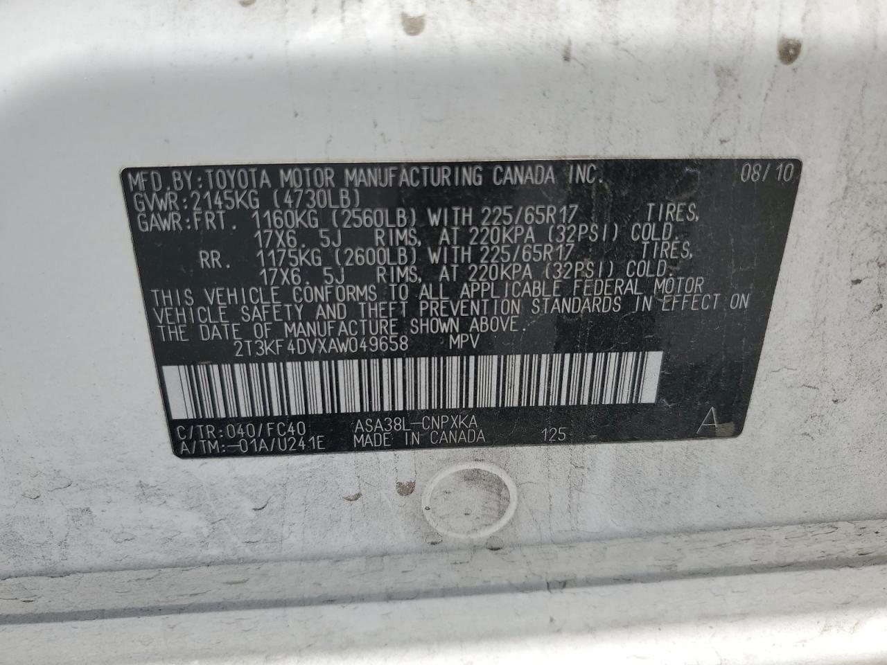2010 Toyota Rav4 VIN: 2T3KF4DVXAW049658 Lot: 65285925