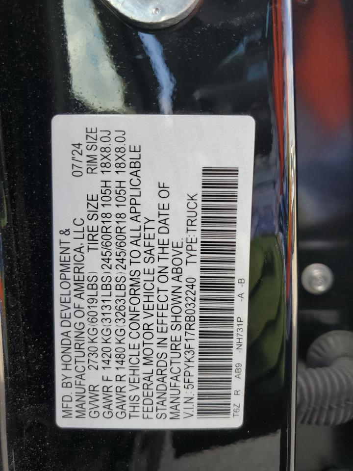 2024 Honda Ridgeline Sport VIN: 5FPYK3F17RB032240 Lot: 63251465