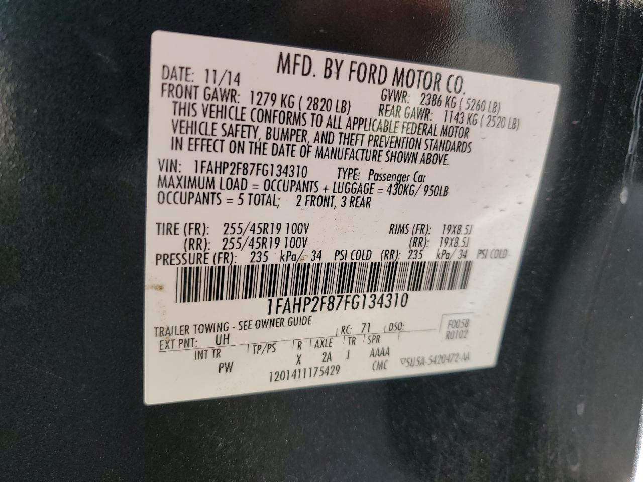 2015 Ford Taurus Limited VIN: 1FAHP2F87FG134310 Lot: 65589065