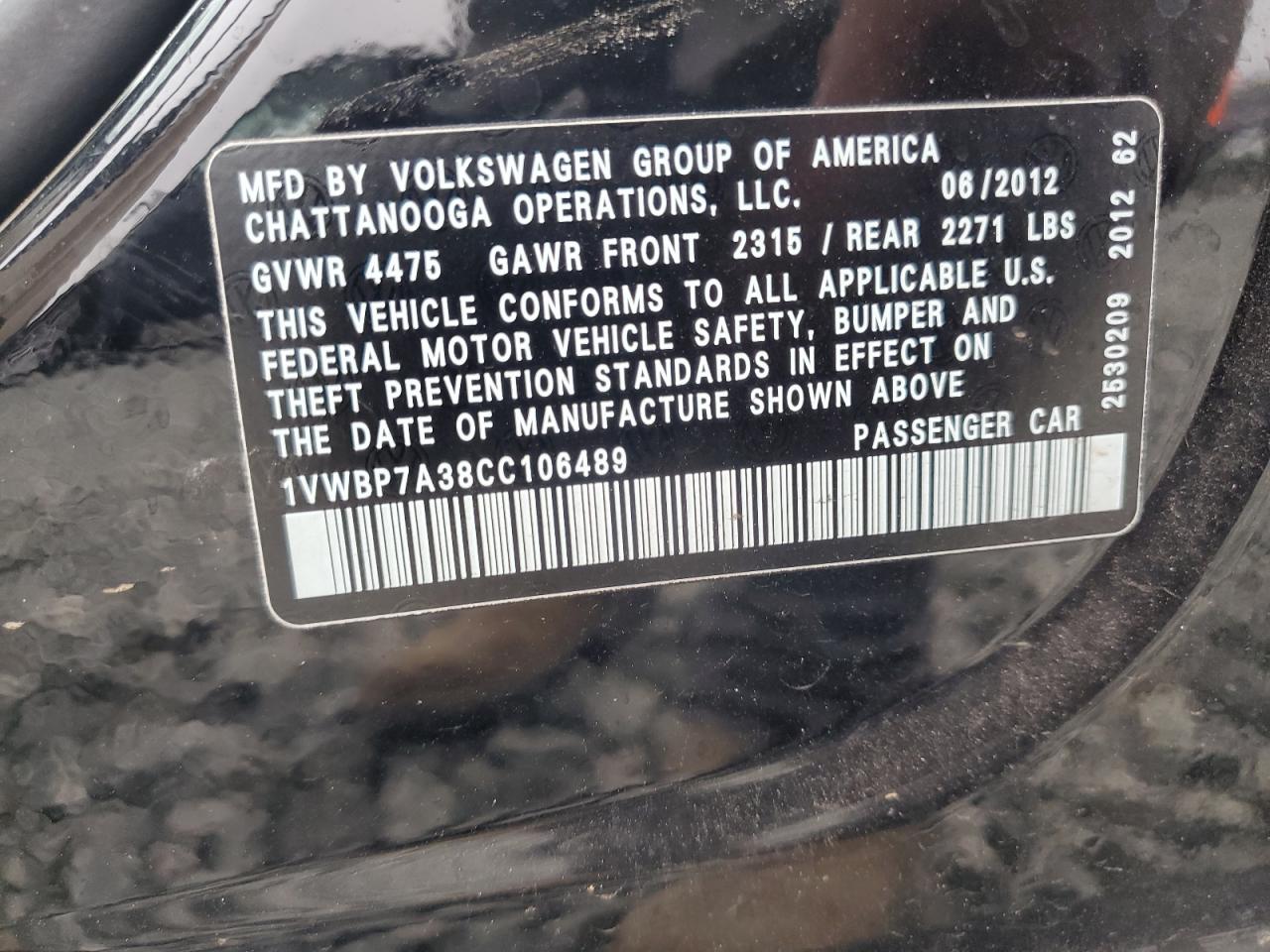 2012 Volkswagen Passat Se VIN: 1VWBP7A38CC106489 Lot: 63412625
