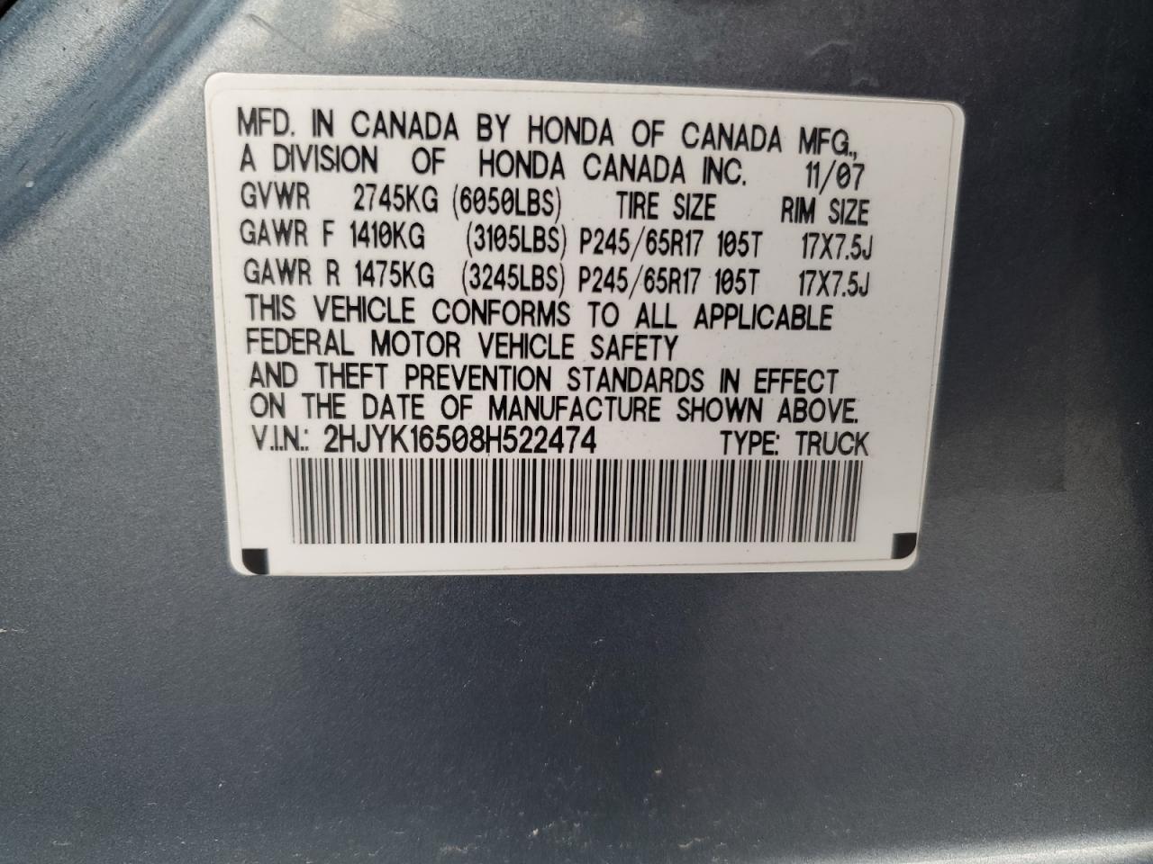 2008 Honda Ridgeline Rtl VIN: 2HJYK16508H522474 Lot: 62161145