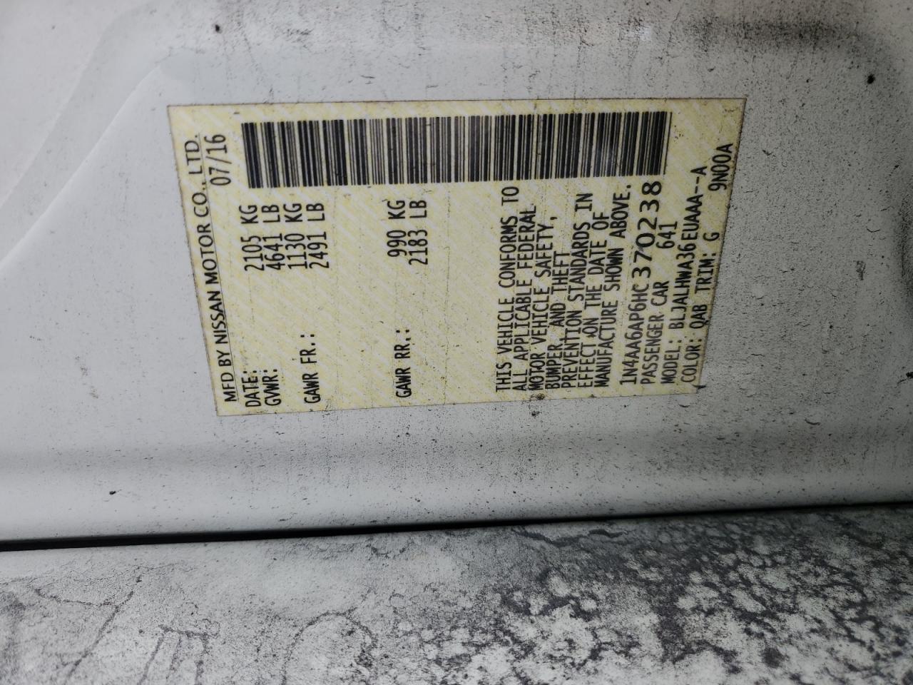 2017 Nissan Maxima 3.5S VIN: 1N4AA6AP6HC370238 Lot: 59732475