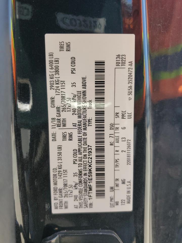 2019 Ford F150 VIN: 1FTMF1E59KKC21937 Lot: 63508395
