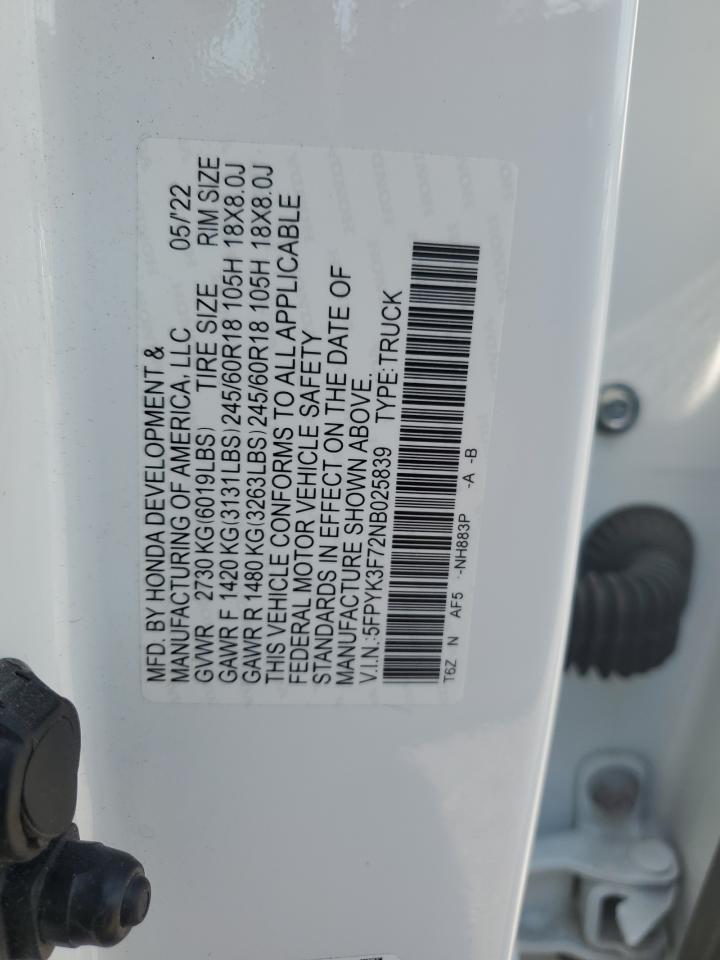 2022 Honda Ridgeline Rtl VIN: 5FPYK3F72NB025839 Lot: 62771985