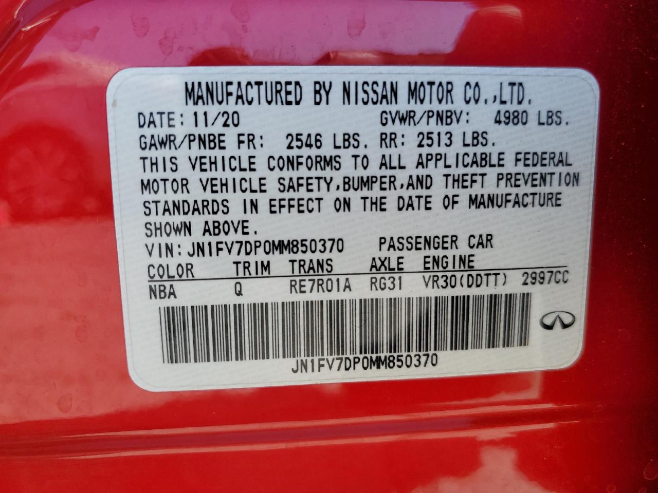 2021 Infiniti Q50 Red Sport 400 VIN: JN1FV7DP0MM850370 Lot: 64851685